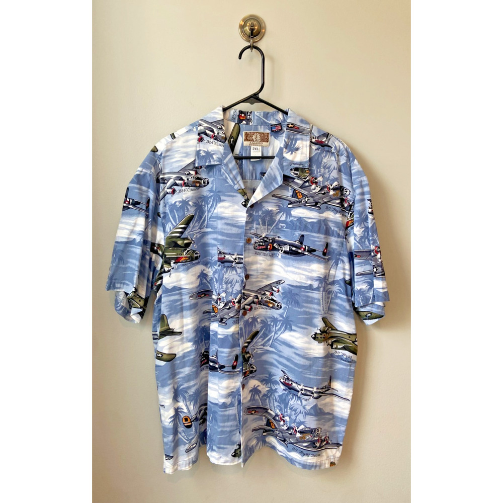 Vintage Kalaheo Hawaiian Military WW2 Bomber Plane Mens Blue Shirt USA, Size 2XL